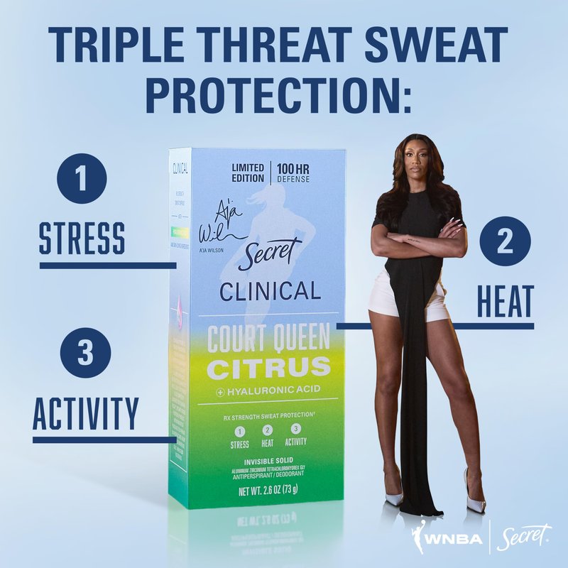 Secret Clinical Strength 100HR Defense, Invisible Solid Antiperspirant Deodorant for Women, A'Ja Wilson Edition, Triple Threat Sweat Protection, Hyaluronic Acid, Court Queen Citrus Scent, 2.6 oz