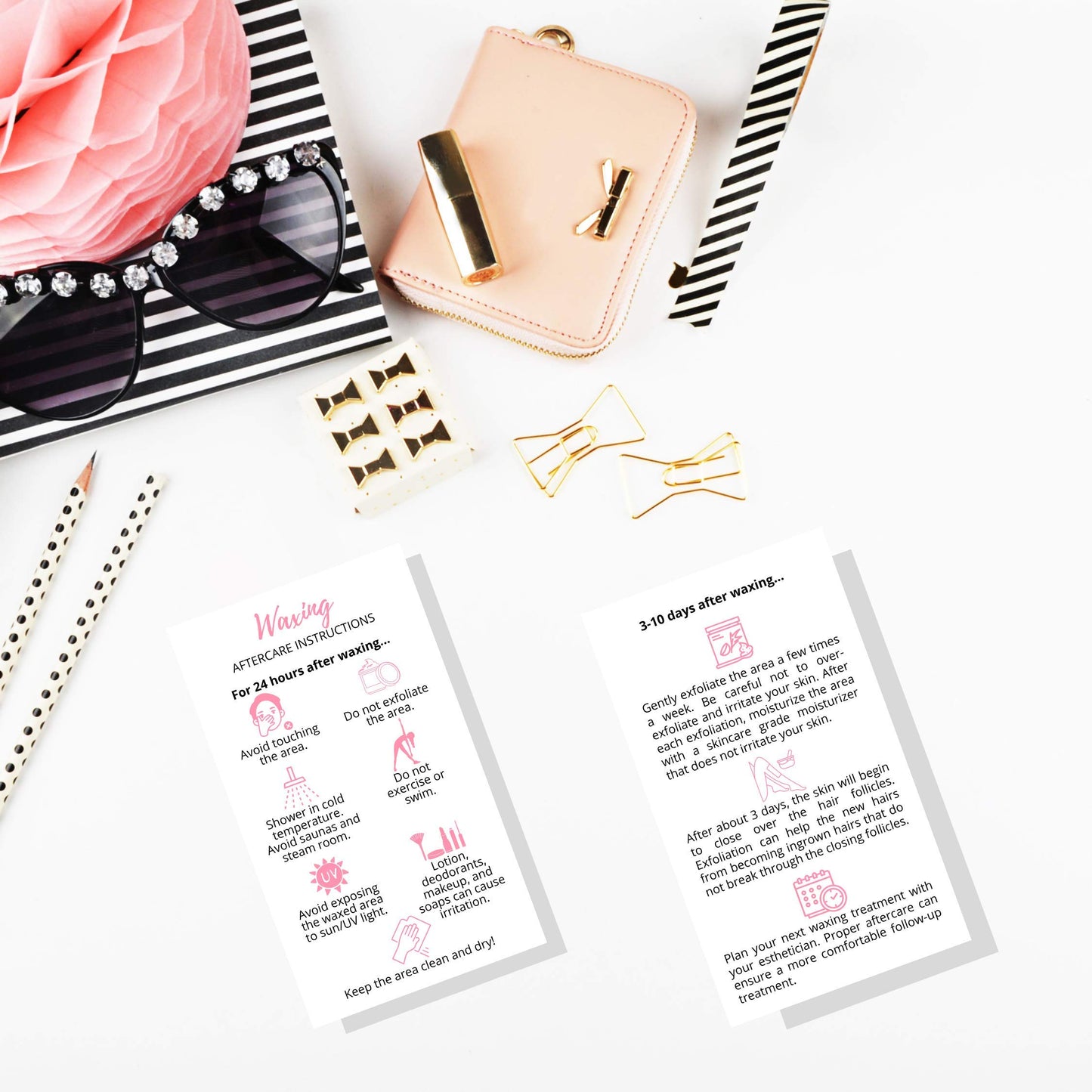 Waxing Aftercare Cards | 50 Pack | Size 2 x 3.5” inches Business Card Size | Waxing Aftercare Kit Cards PMU | Aftercare Instructions White with Pink Icons Design