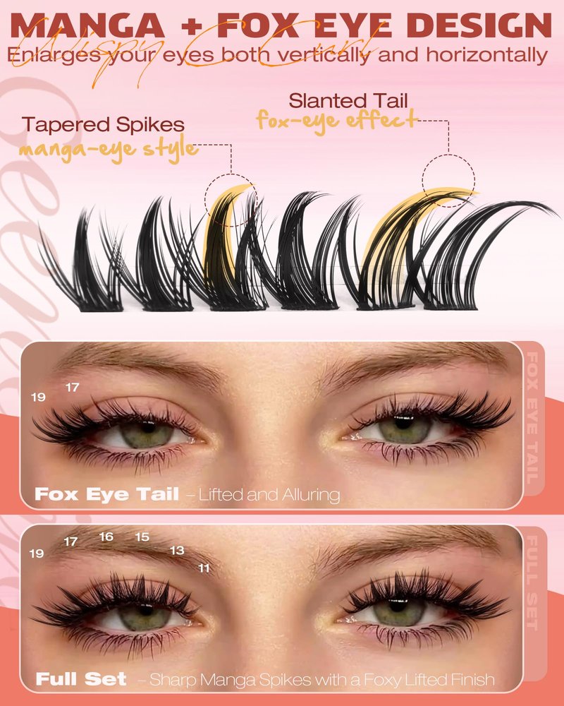 Geeneiya Manga Lash Clusters Kit, 11-19mm Fox Eye Lash Extension Kit, C Curl Left & Right Cat Eye Lashes, DIY Cluster Eyelash Extension Kit with Lash Bond and Seal Lash Tweezers for Beginners