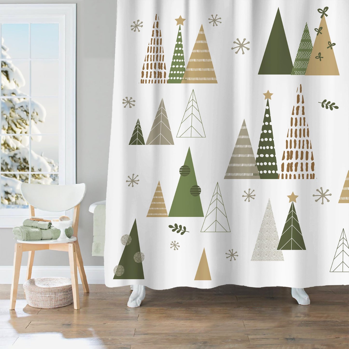 Sunlit Geometric Modern Design Christmas Shower Curtain Christmas Tree Bathroom Home Office Holiday Wall Decoration as Tapestry and Photo Booth Backdrop Gold Green White Printed