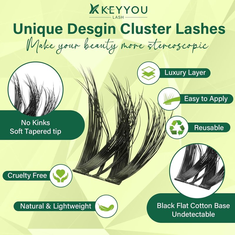 KEYYOU 3D Volume Lash Clusters - Flaunt Style with 144PCS D Curl Flora Wispy Look | LengthLock 8–18mm Mix, Ultra-Thin Black Band