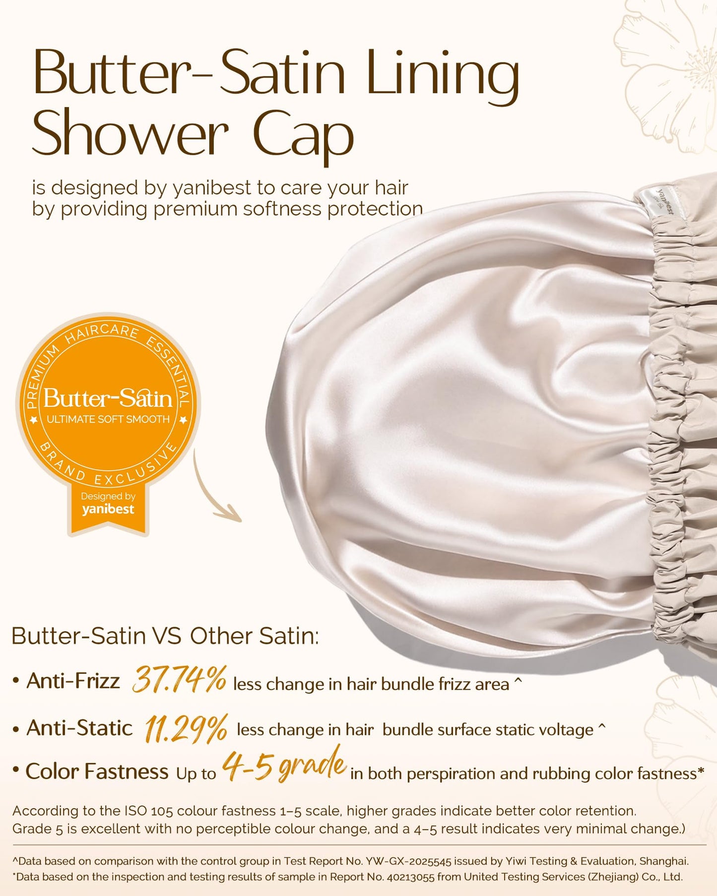Yanibest Satin Lined Shower Cap for Women Reusable Waterproof, Frizz Free & Large Bath Cap with Soft Elastic Band, Luxury Hair Protection Caps (Beige)