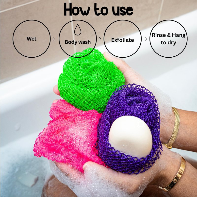 African Net Sponge, Premium Authentic Exfoliating Body Scrubber, Extra Long Stretch Bath Sponge for Shower, Deep Exfoliating Washcloth for Smooth Skin, 2 Pack (Purple & Green)