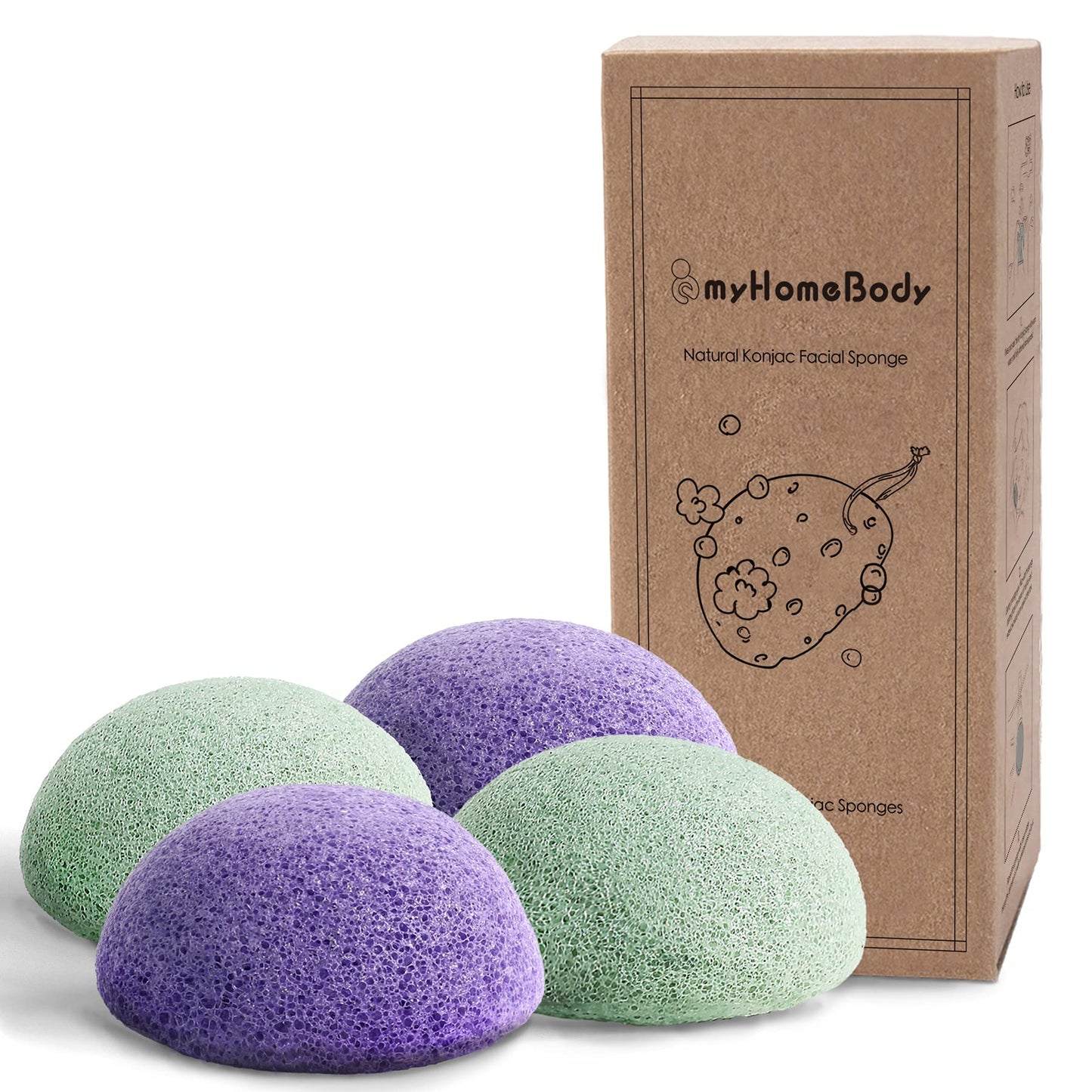 Natural Konjac Facial Sponges - for Gentle Face Cleansing and Exfoliation (2 Lavender Purple, 2 Aloe Green)