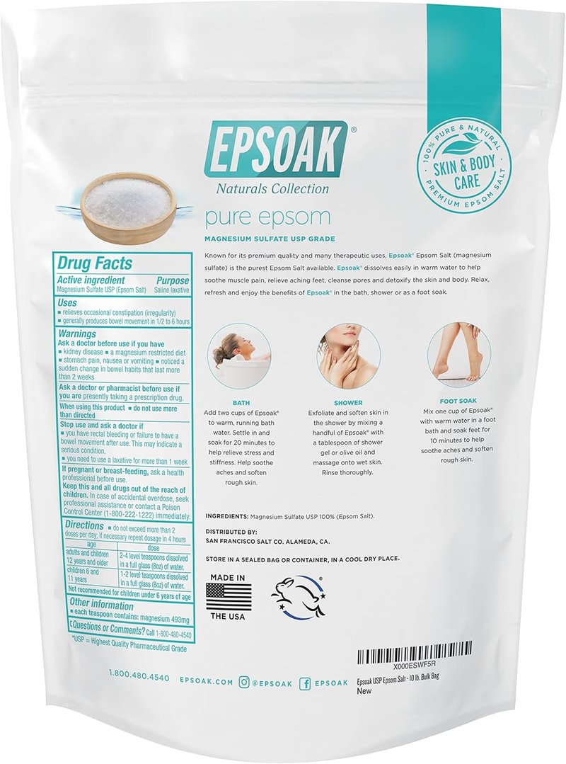 Epsoak Epsom Salt - 10 lb Unscented Magnesium Sulfate USP | Resealable Bag, Made in USA, Cruelty-Free