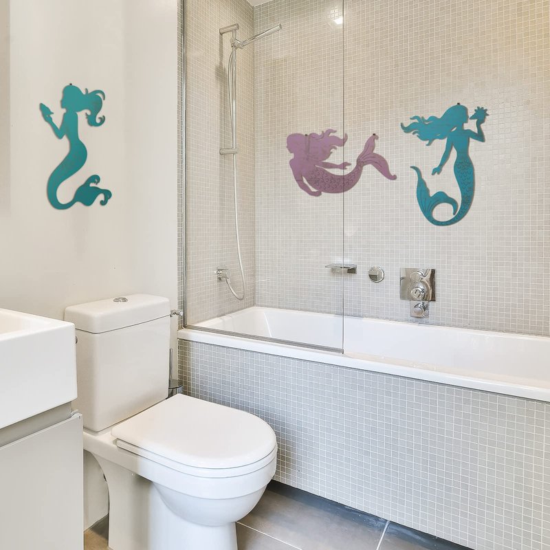 Qunclay Set of 3 Mermaid Wall Bathroom Decor Wooden Silhouettes Mermaid Art Hanging Farmhouse Ocean Themed Wall Decorations for Bedroom Room Accessories Rustic Elegant