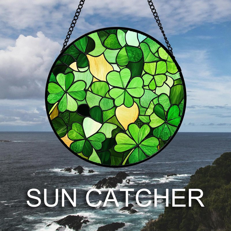 QZQCBLC Stained Glass Window Hanging Lucky Clover 7.8" - Suncatcher Door Garden Sun Catcher Ireland Green Decor Birthday Mother's St. Ripack's Day Gift for Woman Mom Men Friend Nana Wife