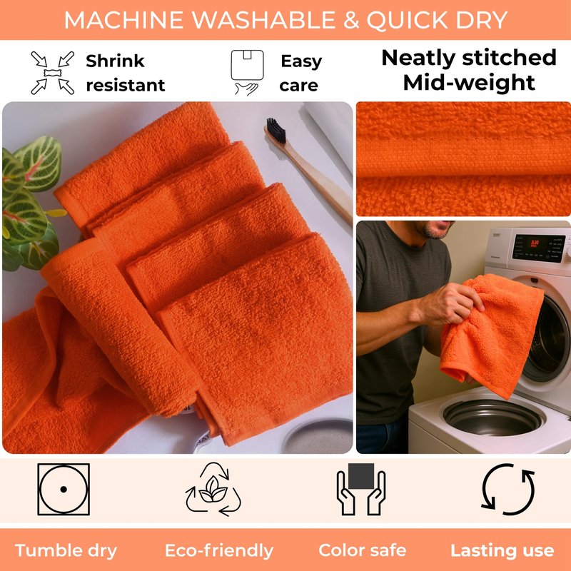 LIVINATI Orange 100% Cotton Wash Cloths for Showering Body and Face - 12"X12" 6 Pack Washcloths - Small Terry Towel Bath Rags for Adults and Kids Bathroom - Soft Absorbent