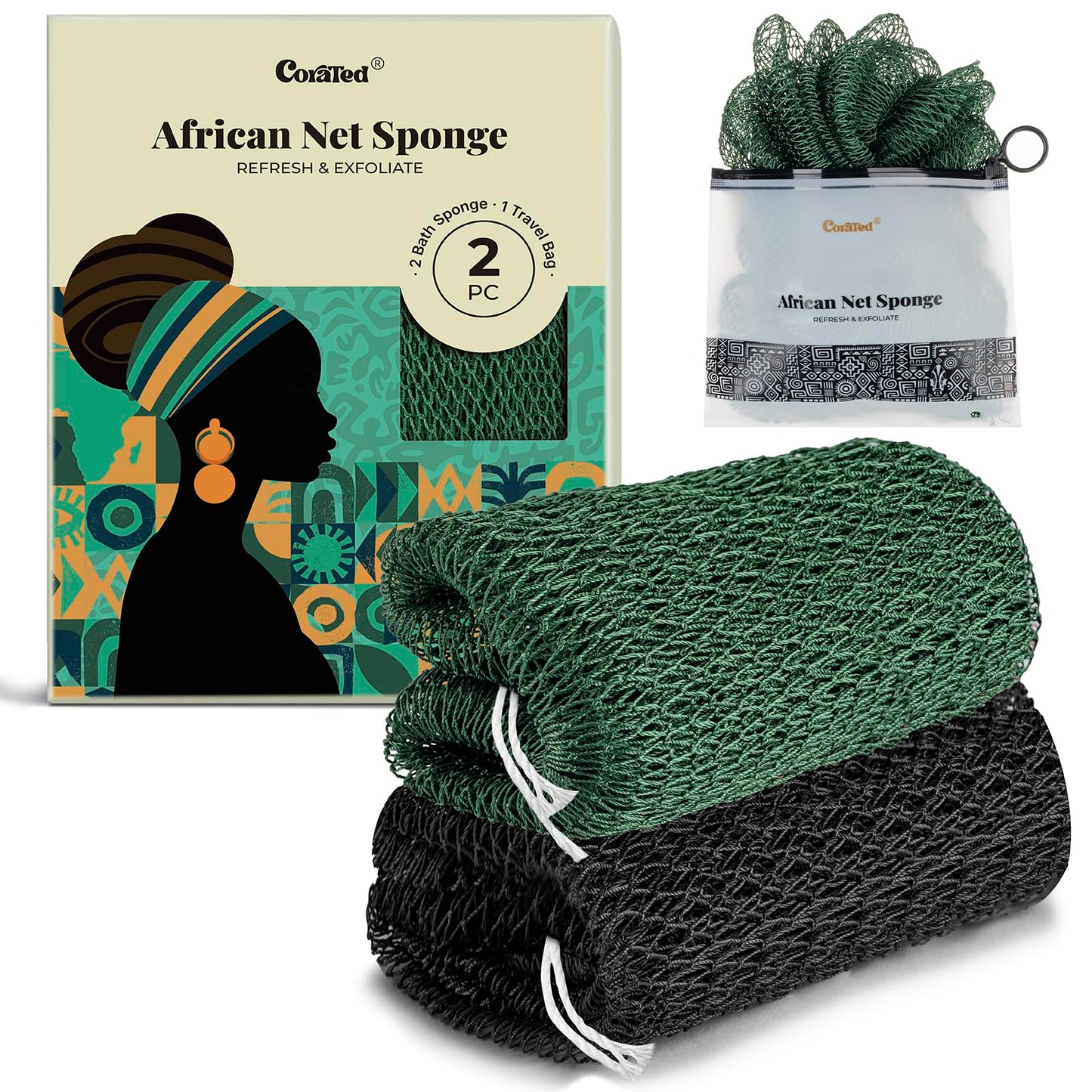 CORATED African Net Sponge Authentic with Knots, Shower Loofah Exfoliating Bath Sponge, Body Scrubber for Women and Men Daily Use Body Care, Travel Portable Bath Accessories Spa Gifts