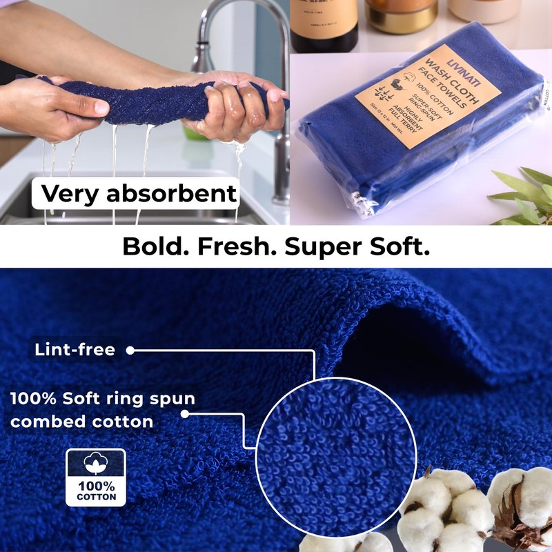 LIVINATI Navy Blue 100% Cotton Wash Cloths for Showering Body and Face - 12"X12" 6 Pack Washcloths - Small Terry Towel Bath Rags for Adults and Kids Bathroom - Soft Absorbent