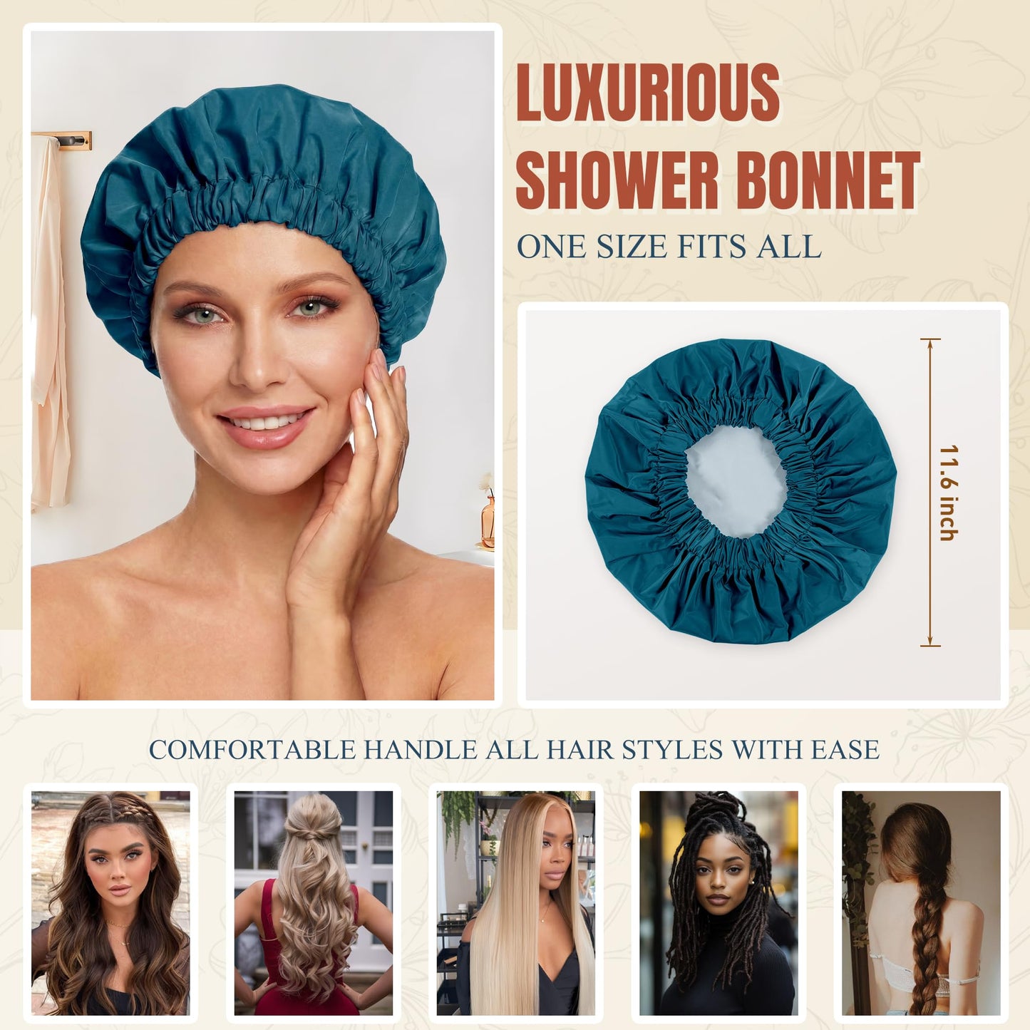 Reusable Shower Cap for Women, Large Waterproof Shower Bonnet with Elastic Band, Washable Bath Hair Cap for Long, Curly Hair, Braids, Daily Shower, Home Spa, Travel(Blue Zircon)