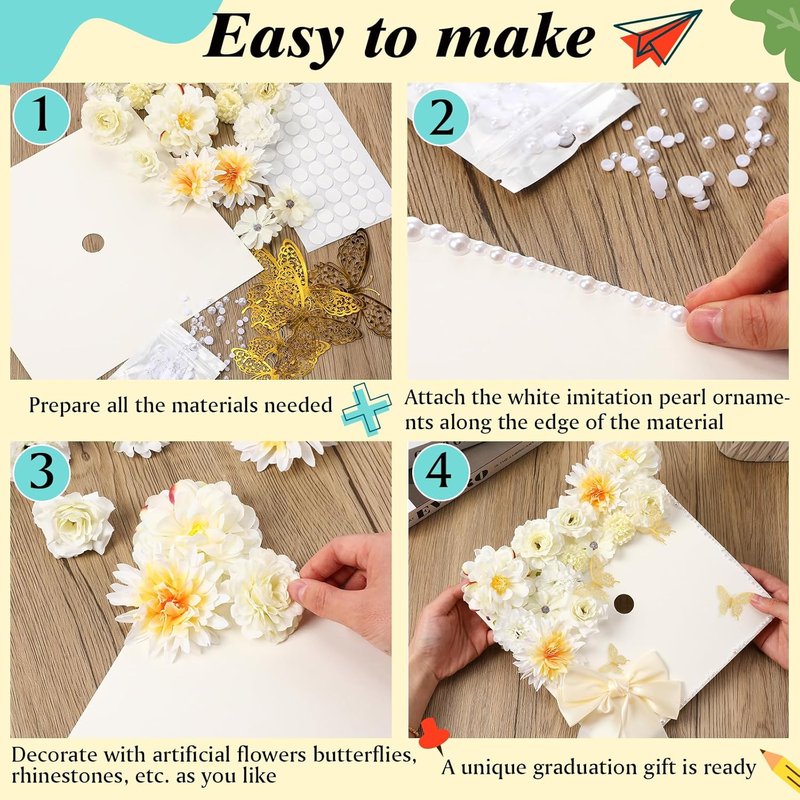 MotiMind 41 Pcs Beige DIY Graduation Cap Decoration Kit, Grad Cap Decorations Grad Hat Topper Faux Assorted Flowers Bows 3D Cream Construction Paper Butterfly Stickers Pearl Adhesive Dots