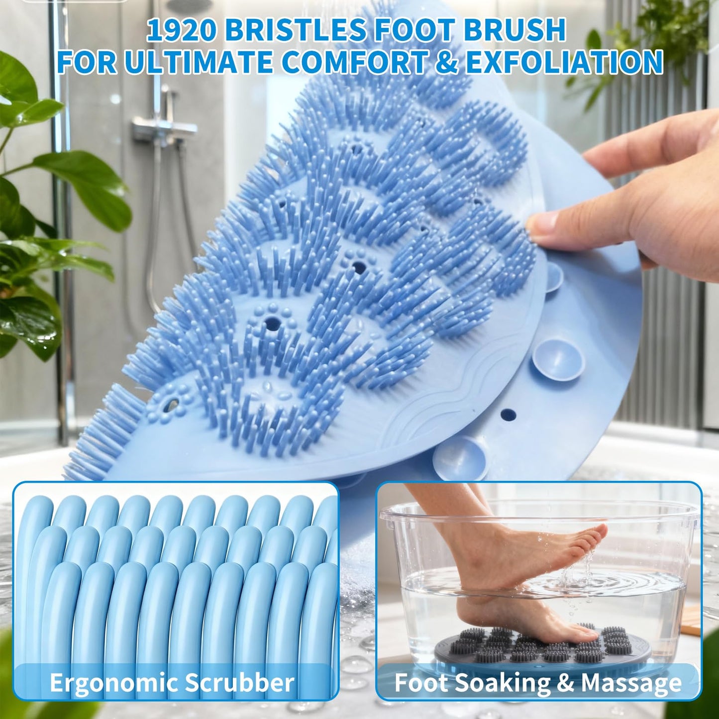 Merleu Shower Foot Scrubber Mat & Silicone Back Scrubber with Soft Silicone Bristles,Quick Drying Foot Scrubber in Shower,Deep-Cleaning Wall Mounted Back Scrubber Bath (Blue)