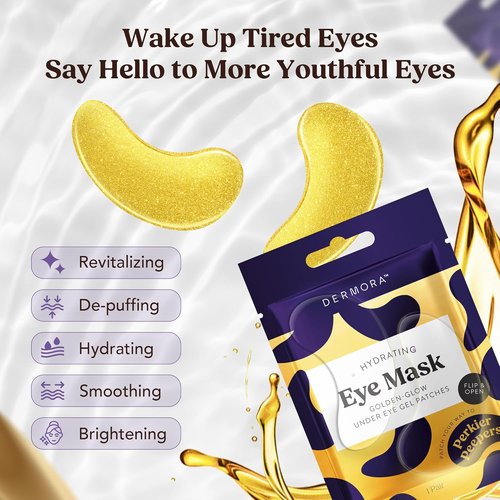 DERMORA Golden Glow Under Eye Patches | Rejuvenating Treatment | Dark Circles, Puffy Eyes, Refreshing, Revitalizing, Travel, Wrinkles | 20 Pairs Eye Gels