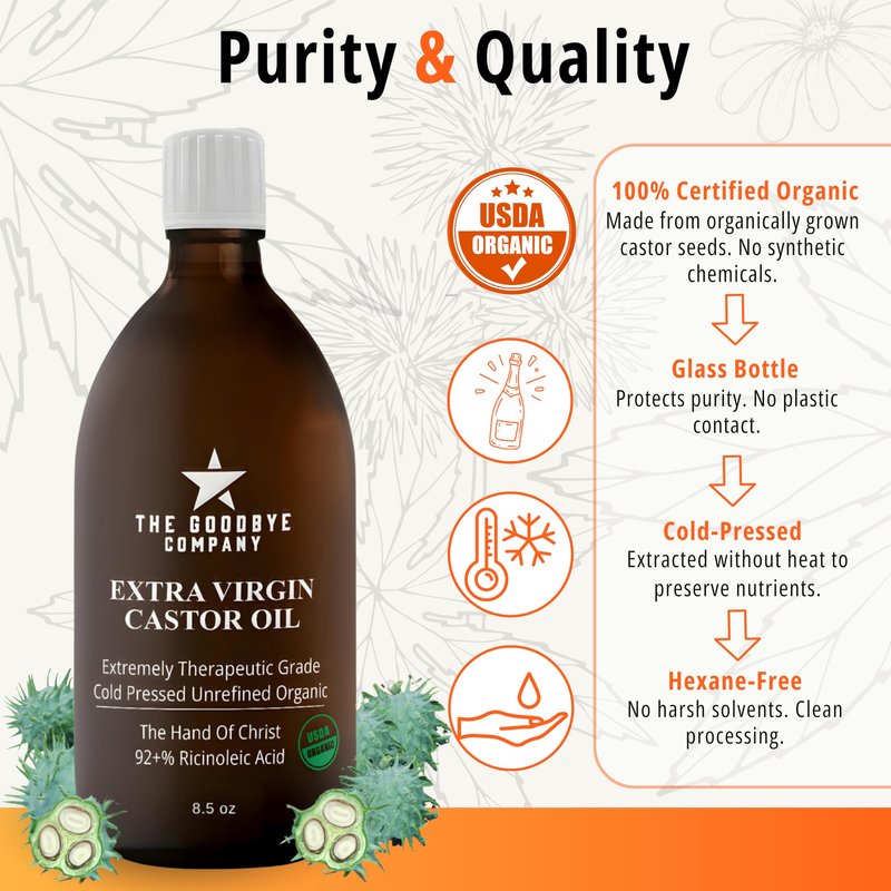Goodbye Company USDA Organic Food Grade Cold-Pressed Castor Oil - 8.5 oz Glass Bottle, Hexane-Free, Extra Virgin, Small Batch Family Farm Ethically Sourced for Hair Growth, Digestion, Lashes, Brows