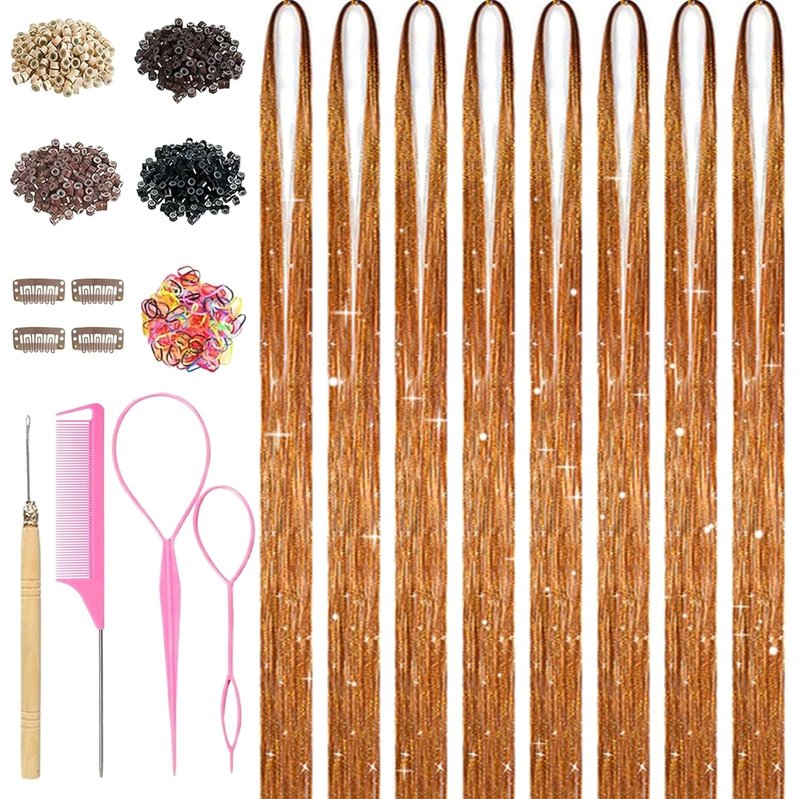 Hair Tinsel Kit - Coffee Brown 8 Pcs Glitter Extensions | 48 Inch Fairy Hair Accessories for Parties & Festivals