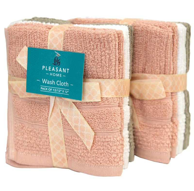 PH Pleasant Home Ribbed Wash Cloths Set - 12 Pack (12” x 12”) – 509 GSM - 100% Ring Spun Cotton Wash Cloth - Super Soft and Highly Absorbent Face Towels (Blush,White & Tan)