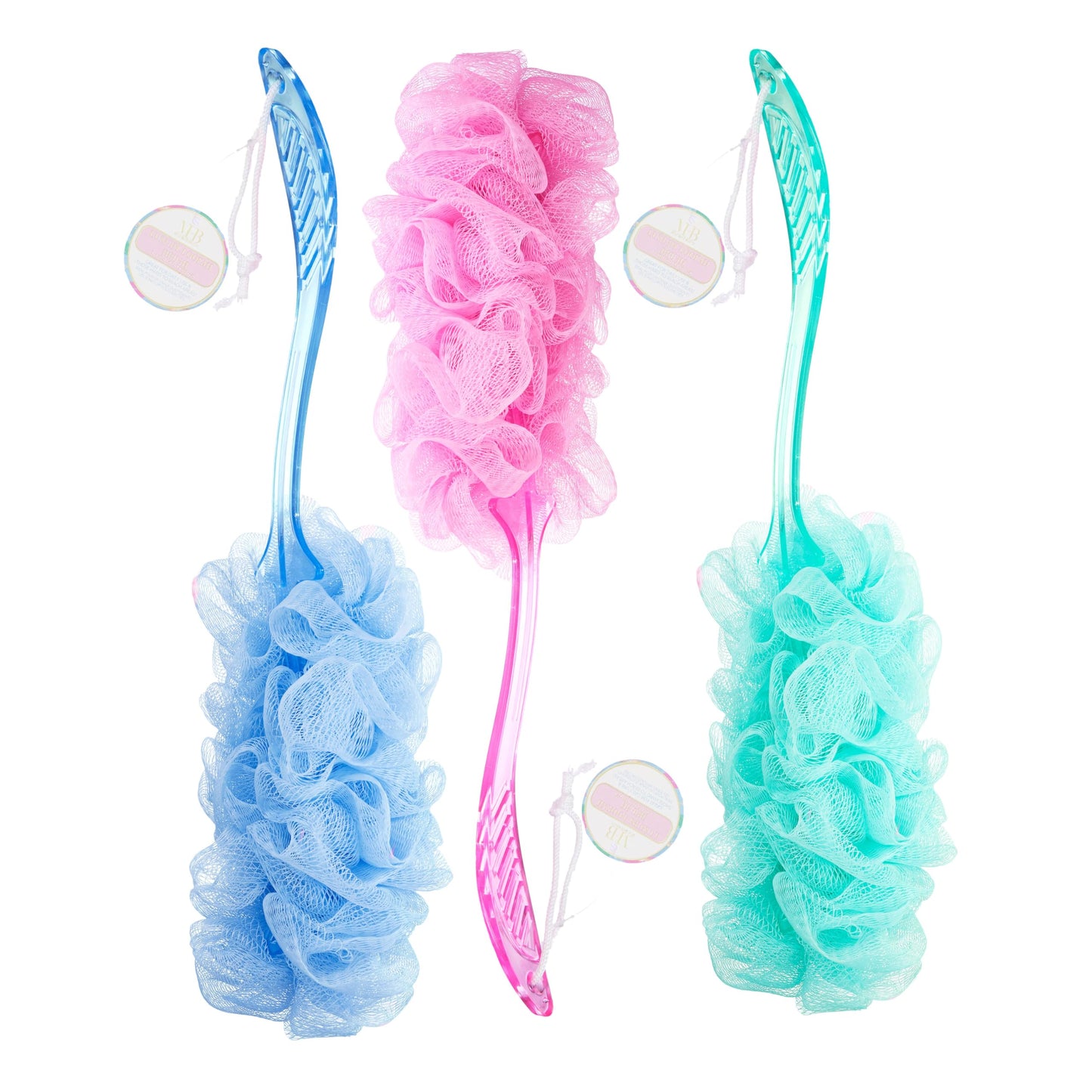 3pc Long Handle Loofah Set – Shower Scrubber Stick with Hanging Loop | Exfoliating Body Scrubber Value Pack | Deep Cleansing Bath Loofah for Smooth Skin – Women & Men – Easy
