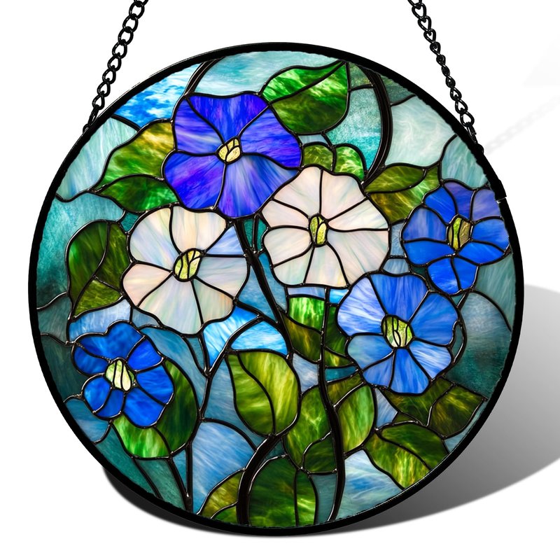 HWRHTR Stained Glass Window Hanging - Blue White Morning Glory Birth Flower Suncatcher for Door Garden Yard Sun Catchers Decor Christmas Mother's Day Birthday Gifts for Women Mom Nana Friend 6.3 in