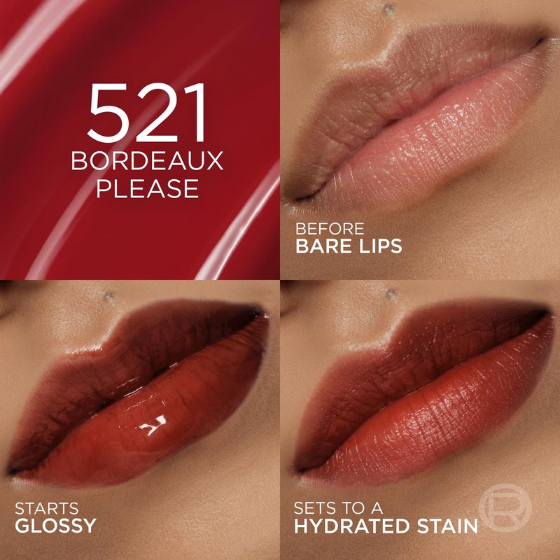 L'Oreal Paris Hyaluron Tint Lip Stain Serum, Long Lasting, Hydrating Lip Makeup Infused with Hyaluronic Acid, 521 Bordeaux Please (Deep Wine Red)