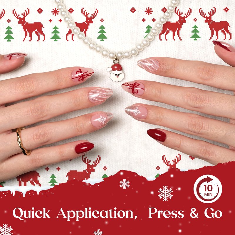 Beetles Christmas Press On Nails - Christmas Bow | Short Almond Press On Nails | 32Pcs 16 Sizes Natural Salon Quality Red French Nail Tips With Quick-drying Nail Glue For Women