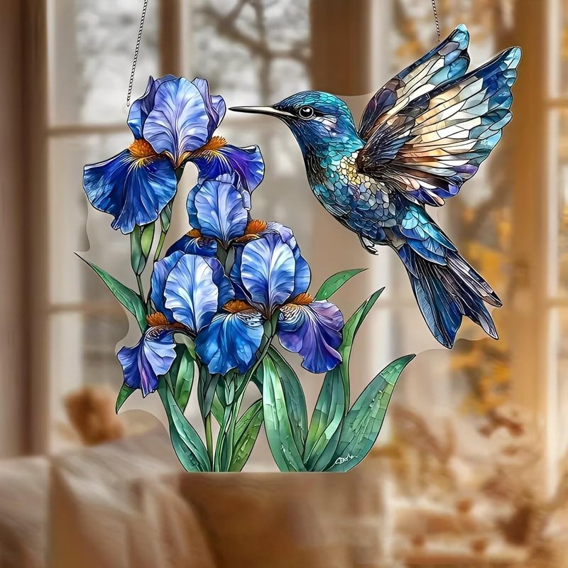 Acrylic Hummingbird and Irises Suncatcher - 7.08 Inch Stained Glass Style Window Decor | Indoor/Outdoor Garden Ornament