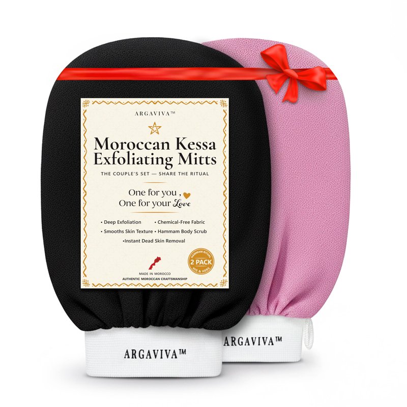 Argaviva Moroccan Exfoliating Glove for Shower - Kessa Hammam Body Scrub Gloves, Exfoliating Mitt, Bath Mitt - Couple's Spa Set, 2 Pack His and Hers, Pink and Black