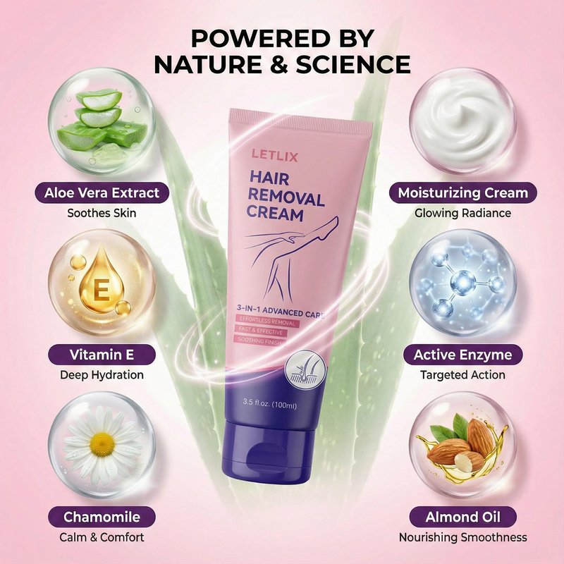 LETLIX Hair Removal Cream for Sensitive Skin - Painless Depilatory Cream for Women and Men Legs, Underarms & Body - Gentle Hair Remover with Squalane, Aloe Vera & Hyaluronic Acid - 4.06oz