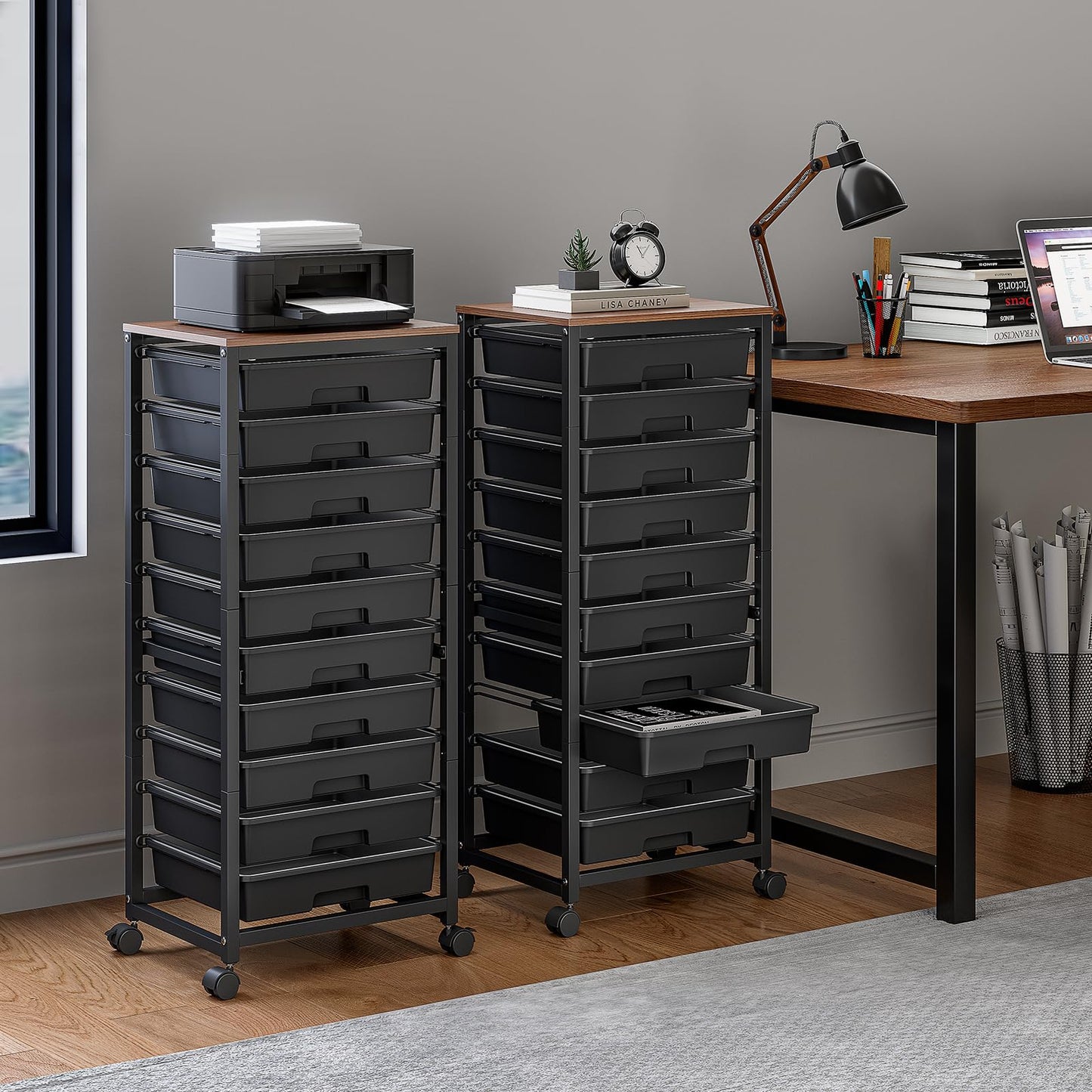 SYKIARIOL Rolling Cart with Drawers,10 Drawer Rolling Cart,Storage Cart,Utility Cart,Teacher Cart for Classroom Storage,Craft Cart with Wheels and Wooden Tabletop,Black