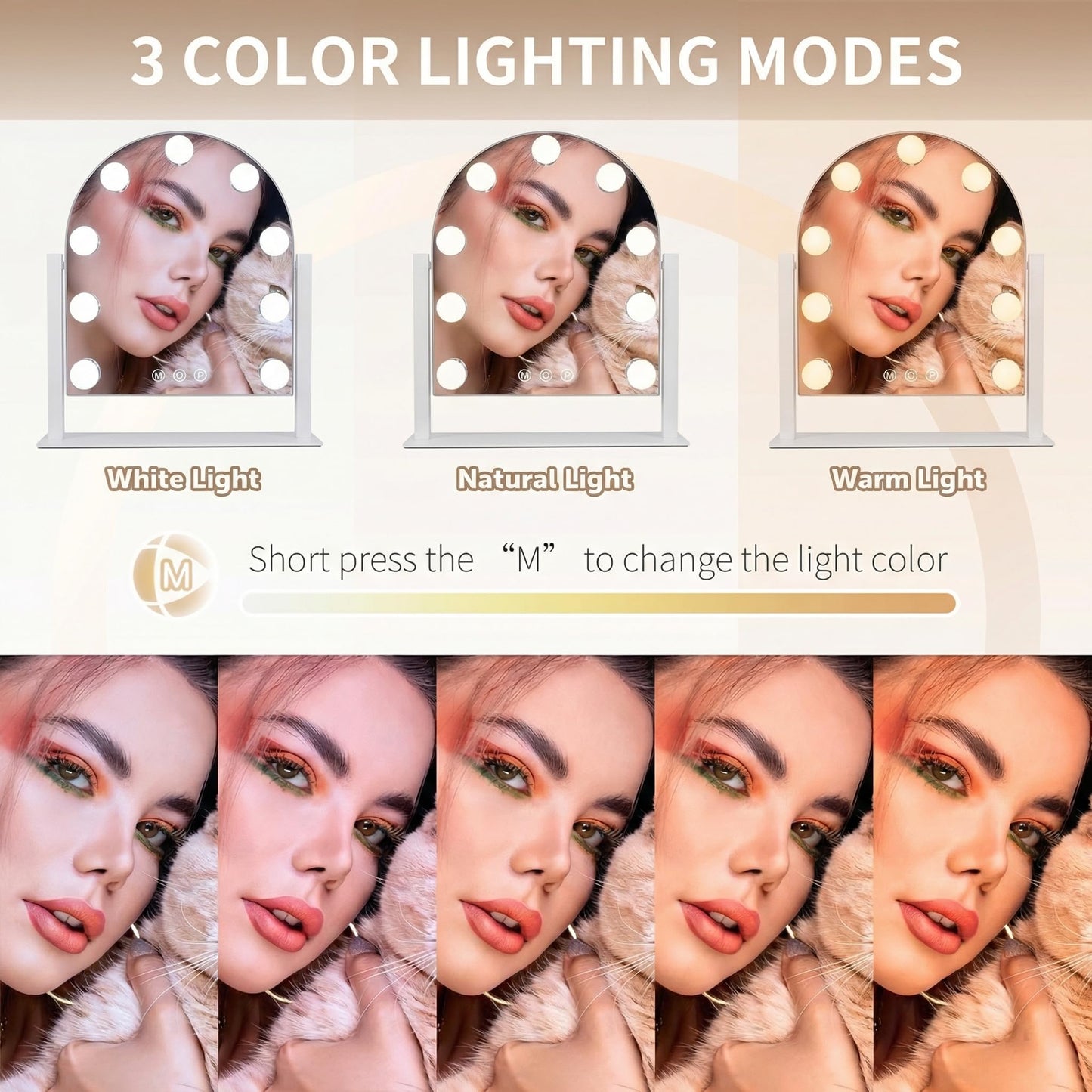 SLIMOON Arched Makeup Vanity Mirror with LED Lights Makeup Mirror Detachable 10X Magnification, Hollywood Make Up Mirror with Lighting, Smart Touch, Rechargeable,360° Rotation,White 14.17"x 11.81"