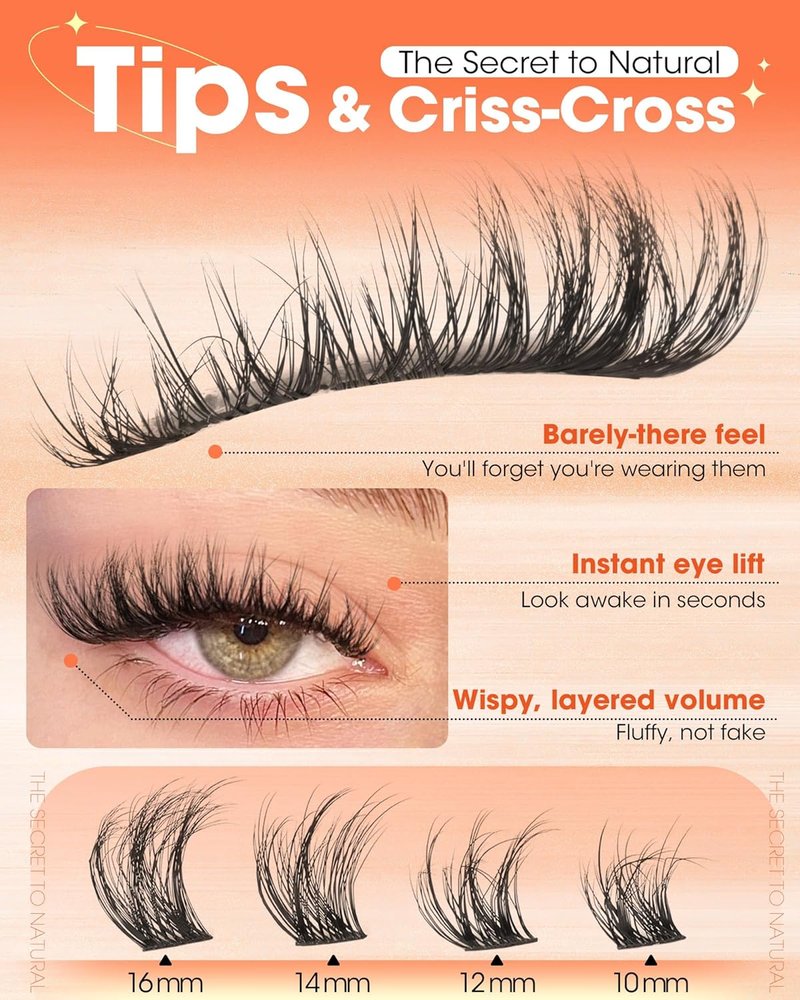Delyneph Wispy Lash Clusters - Natural Fluffy C Curl Eyelash Extensions | Short 10-16mm Individual Lashes