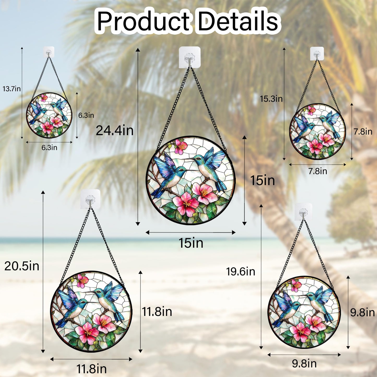 JOSUMALY Stained Glass Window Hanging - Blue White Hummingbirds Pink Flowers Suncatcher for Door Terrace Garden Home Decor Bird Sun Catcher Birthday Gifts for Lovers Women Men Dad Mom Nana 7.8 in