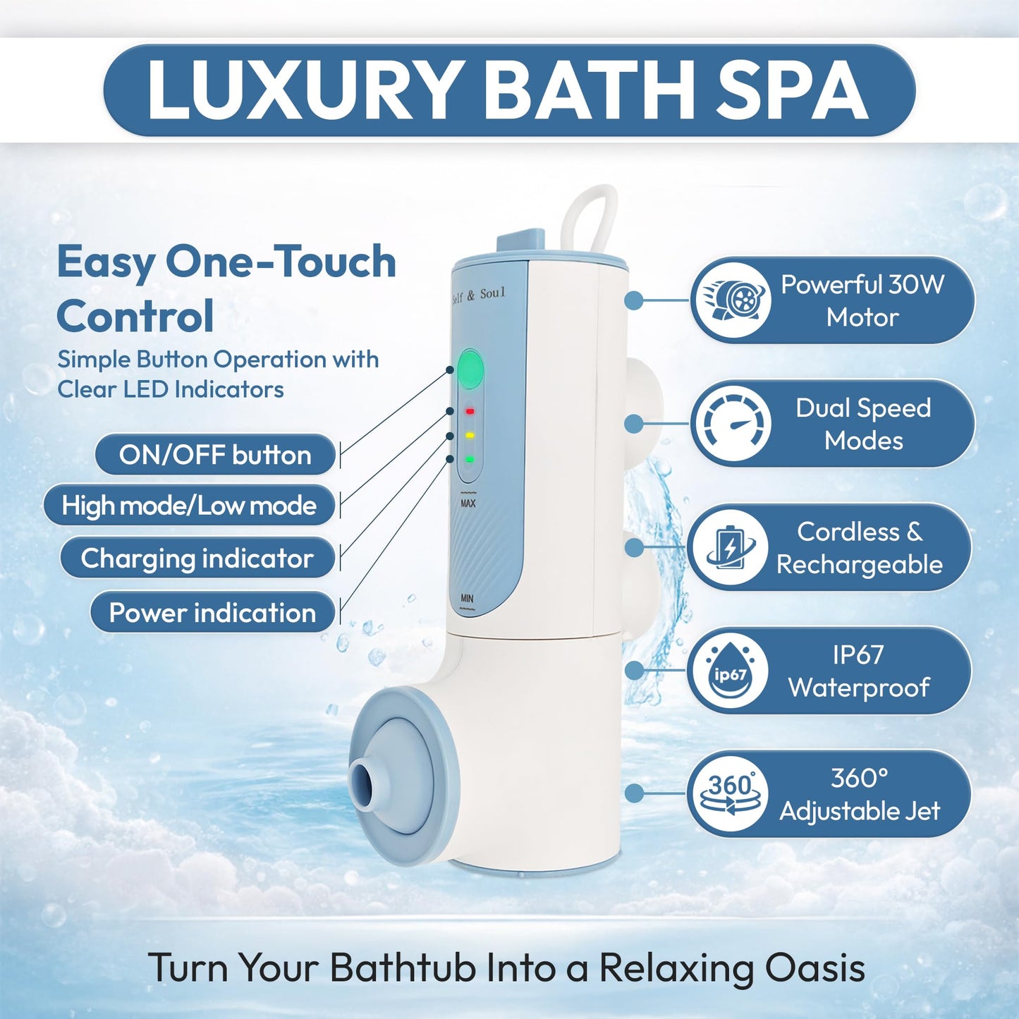 Self & Soul Bath Jets for Tub, Portable Jet Spa for Bathtub, 2-Level Adjustable Bubble Bath for Women, Jet and Bubble Mode, Cordless Bath Jet, Gifts for Women, Self Care Gifts, Relaxing Gifts