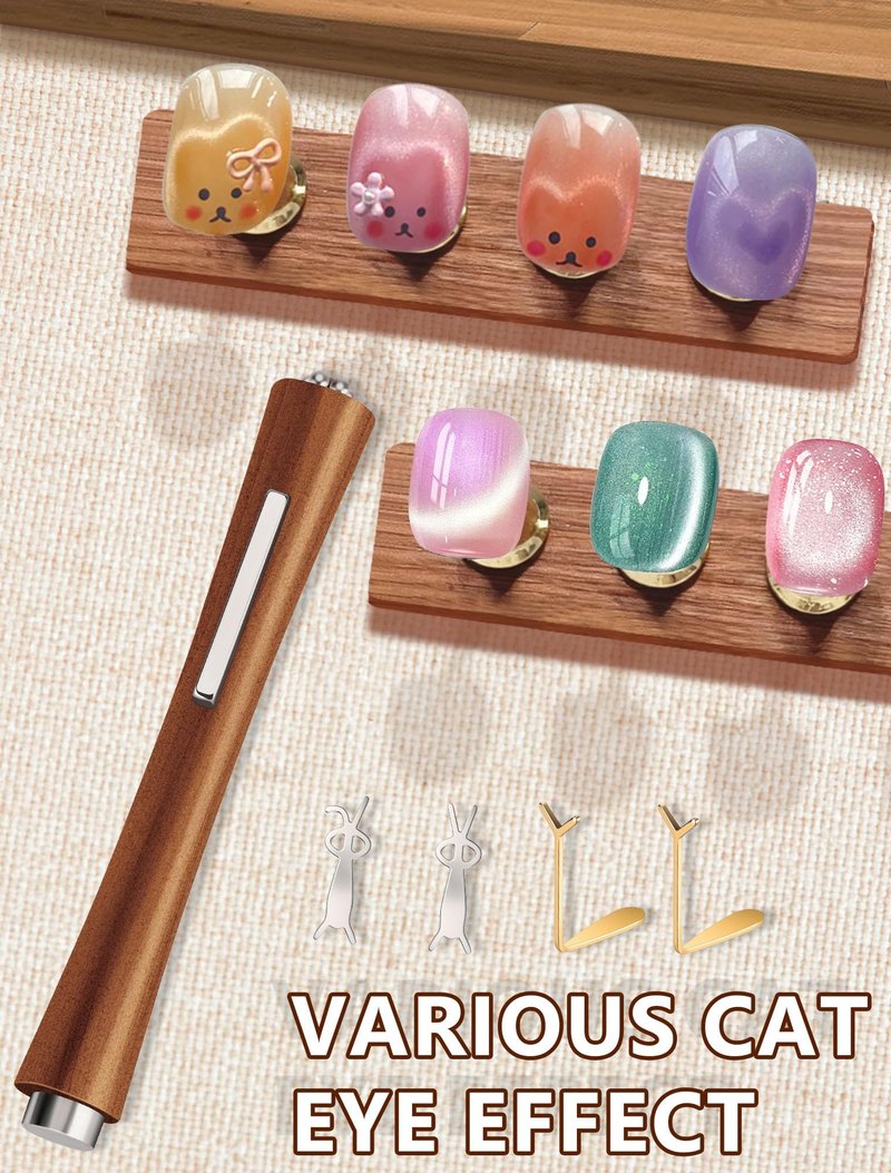 3 IN 1 Cat Eye Magnet for Nails, Wooden Magnetic Pen with Heart & Rabbit Shaped Stick for Nail Art, Professional Home DIY Cateye Gel Polish Magnets Tools (5PCS)