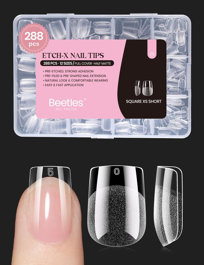 Beetles Gel Nail Tips 288 pcs Extra Short Square Nail Tips 12 Sizes Full Cover Gel Press On Nails Half Matte Acrylic Square Fake Nail Extension Set for Women Home DIY