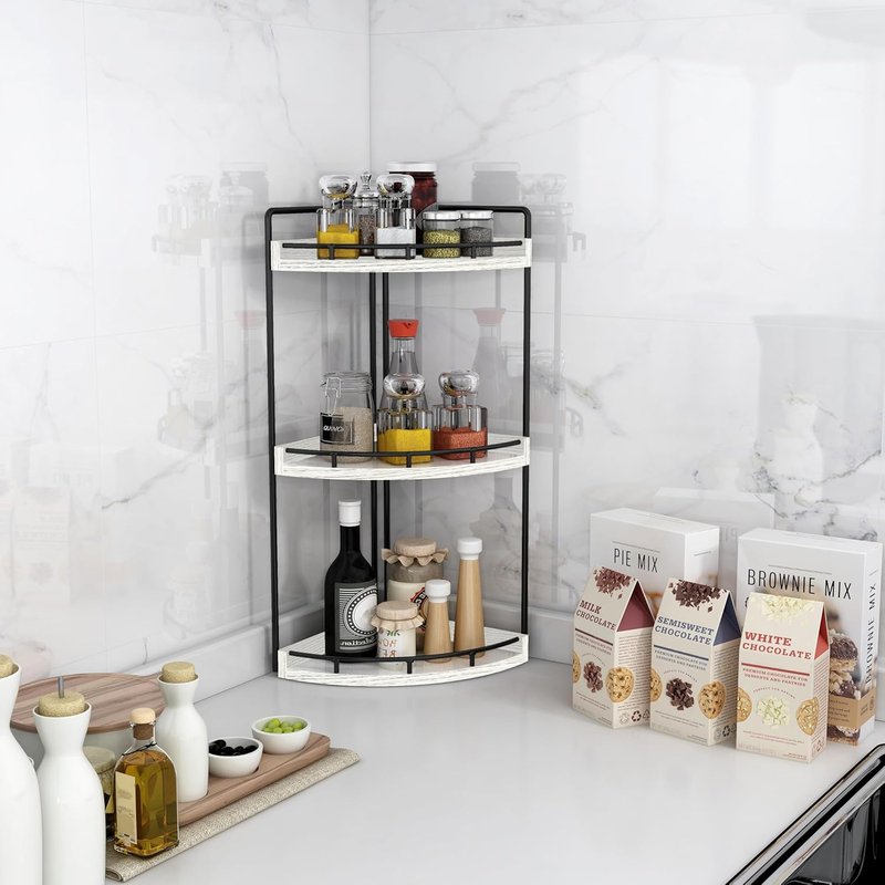 Dorhors 3-Tier Corner Bathroom Organizer - Rustic White Wood Vanity Tray for Kitchen & Bathroom Storage
