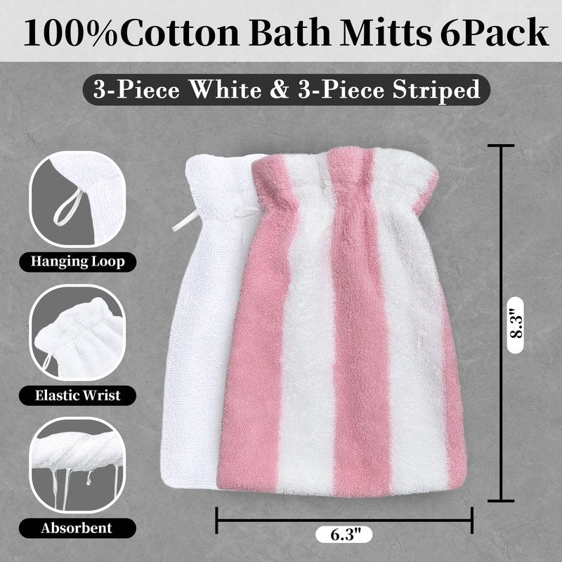 VOOVA & MOVAS 6-Pack Bath Mitts for Shower, 100% Cotton Soft Absorbent Wash Cloths with Hanging Loop, 8.3x6.3 Inch European Style Bathing Gloves for Body & Spa, Pink Stripe & White