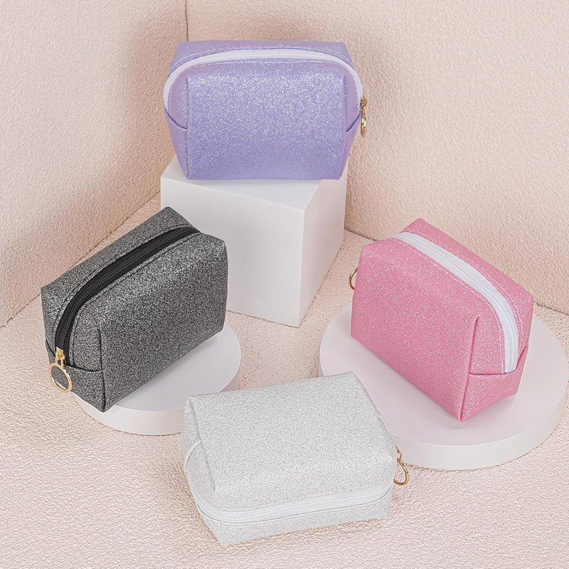 Mini Makeup Bag - Portable Soft PU Leather Cosmetic Pouch | Glitter White Travel Lipstick Holder