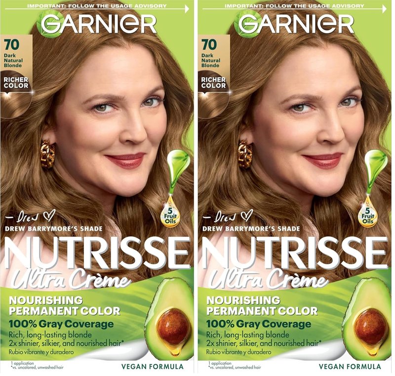 Garnier Nutrisse Ultra Crème Hair Color, Permanent Hair Dye with 100% Gray Coverage, Vegan & Cruelty-Free, 70 Dark Natural Blonde (Almond Crème), 2 Count