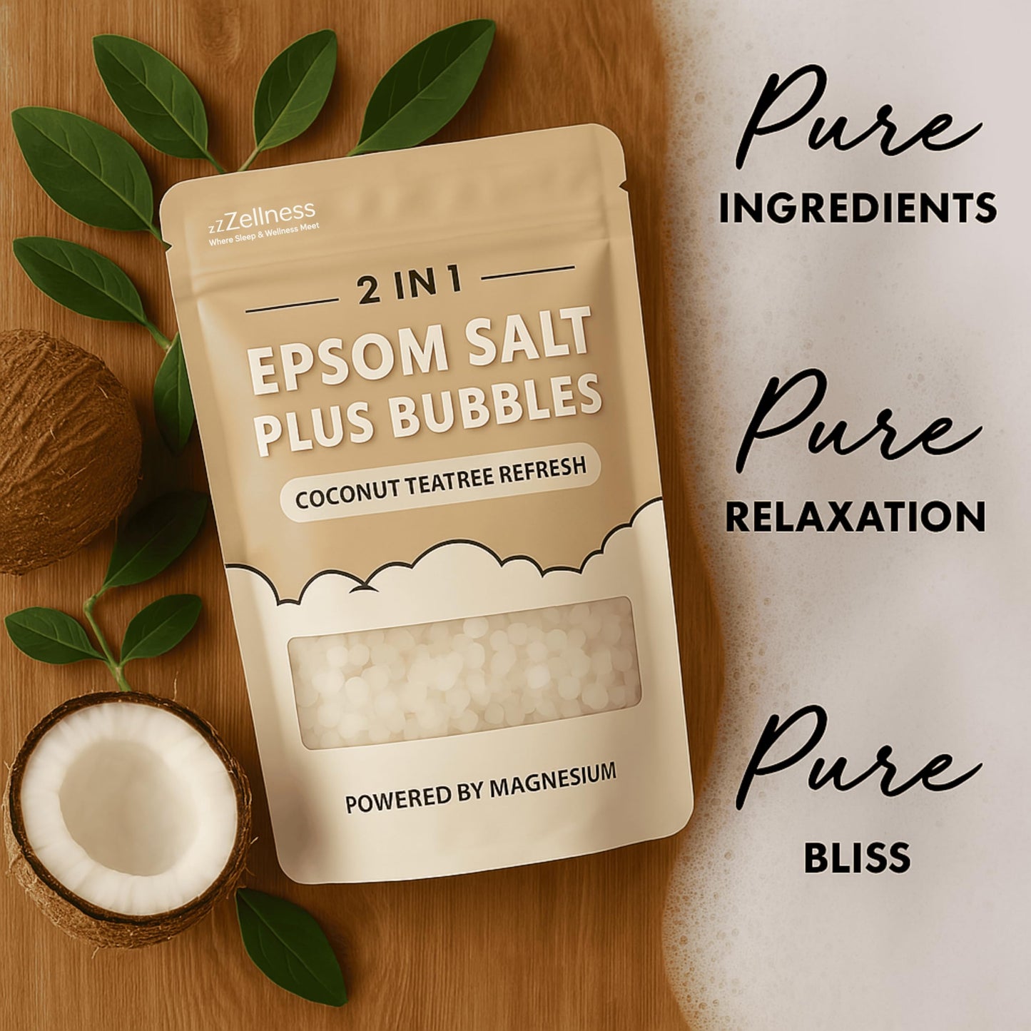 ZZZELLNESS Epsom Salt Plus Bubbles – Coconut & Teatree Scented Foaming Bath Soak – Magnesium Sulfate for Muscle Recovery, Stress Relief & Relaxation – Great for Aromatherapy – 12 oz