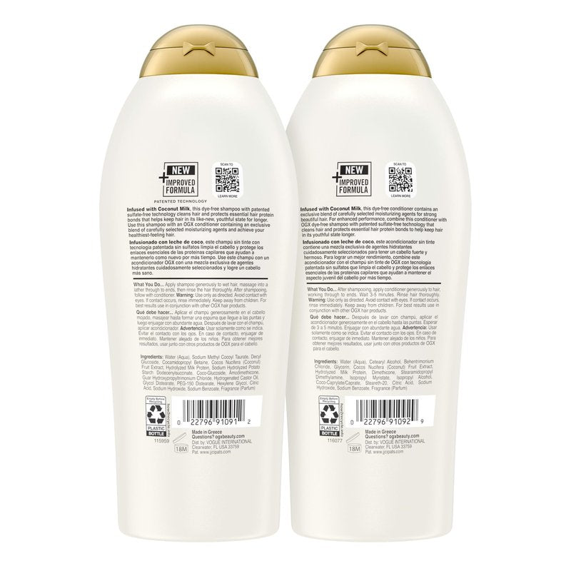 OGX Shampoo and Conditioner Set, Nourishing + Coconut Milk, Shampoo and Conditioner for Moisturizing & Strengthening Hair Care, Formulated without Sulfated Surfactants, 25.4 FL OZ, 2 Pack
