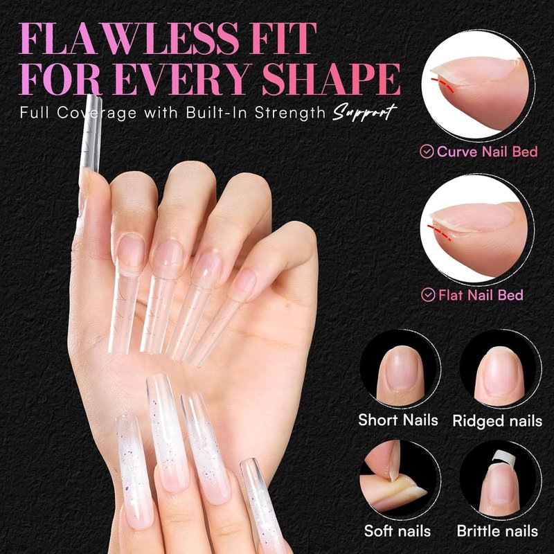 Makartt XL Tapered Square Nail Tips - Matte Clear Half Cover Fake Nails with Alignment Guides | 240pcs in 12 Sizes