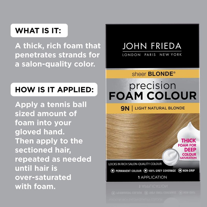 John Frieda Precision Foam Colour, Light Natural Blonde 9N, Full-Coverage Hair Color Kit, Anti-Fade Gray Coverage, Deep Color Saturation Hair Dye, 1 Application