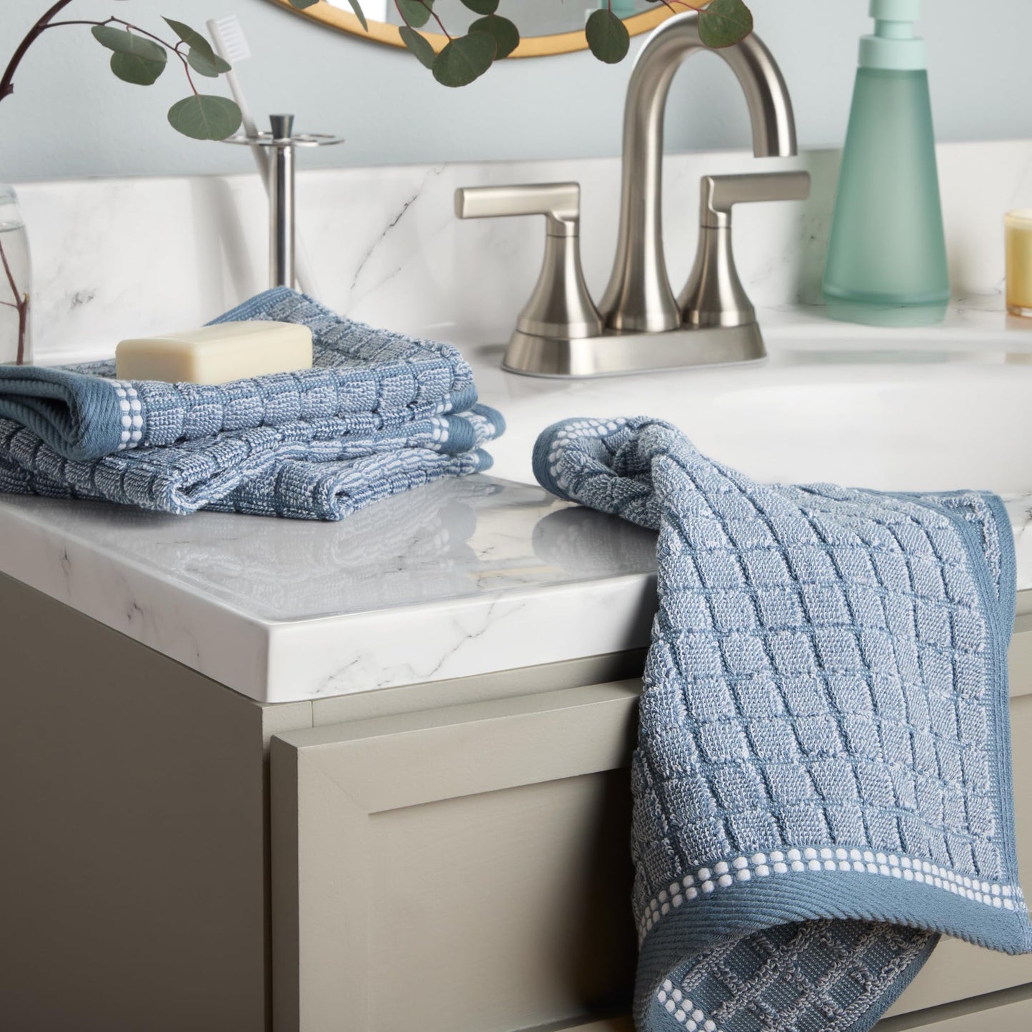 TOWN & COUNTRY EVERYDAY 4-Piece Textured Windowpane Washcloth Set, 13x13-Inch, 100% Cotton, Plush & Absorbent 550GSM, Blue