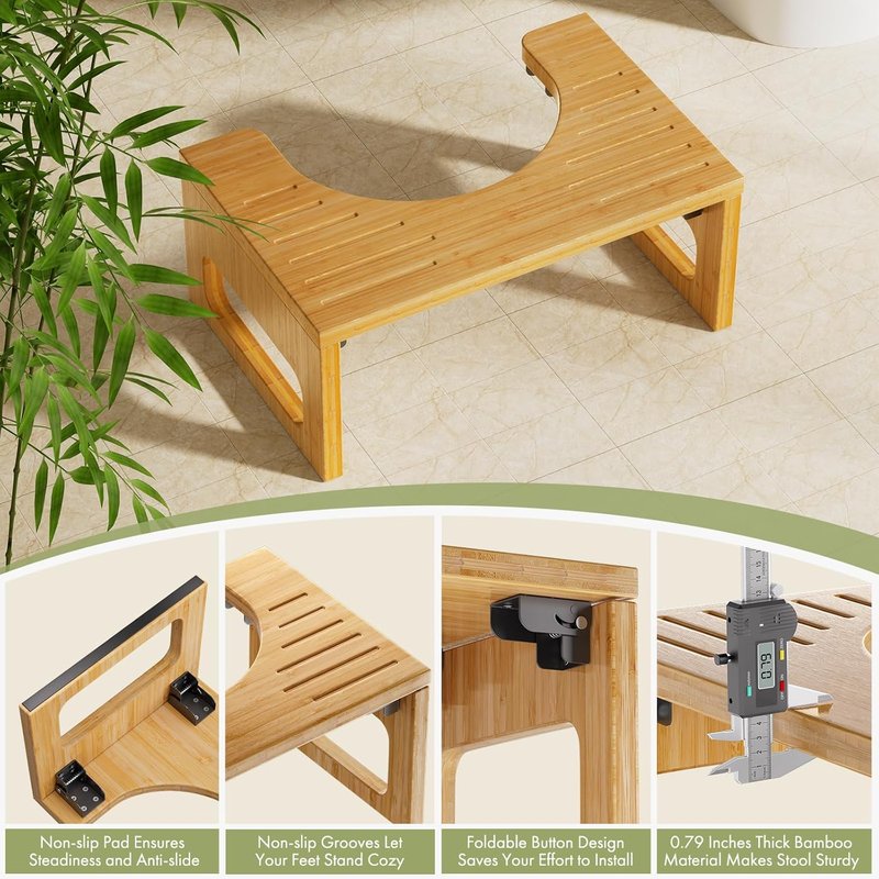 AmazerBath Bamboo Toilet Stool - 7 Inch Foldable Squatting Potty Stool for Adults | Non-Slip, Space-Saving Design