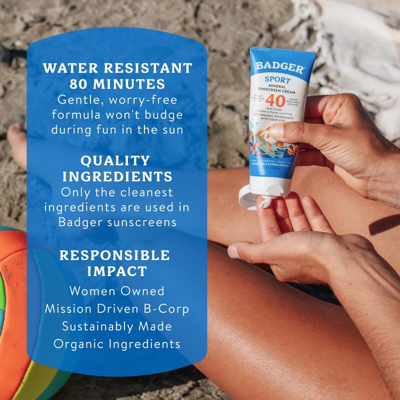 Badger Sport Mineral Sunscreen, Reef Safe, SPF 40, 98% Organic with Zinc Oxide, Water Resistant, Hawaii Reef Act 104 Compliant, Unscented & Hypoallergenic, For Sports & Adventures, 2.9 fl oz