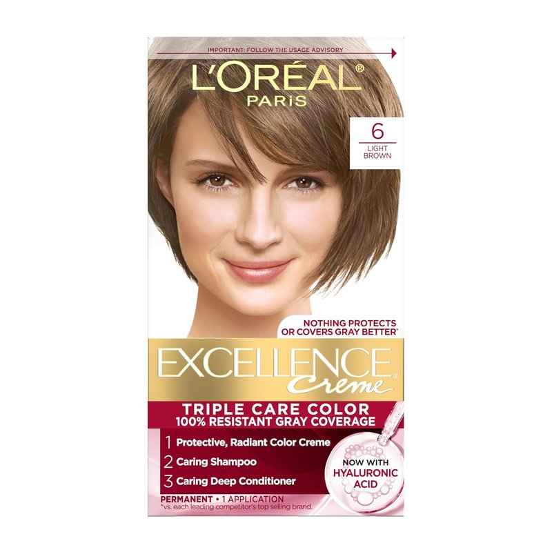 L'Oreal Paris Hair Dye - Excellence Crème, Triple Care Color with Hyaluronic Acid for 100% Gray Coverage | 6 Light Brown, 1 Kit
