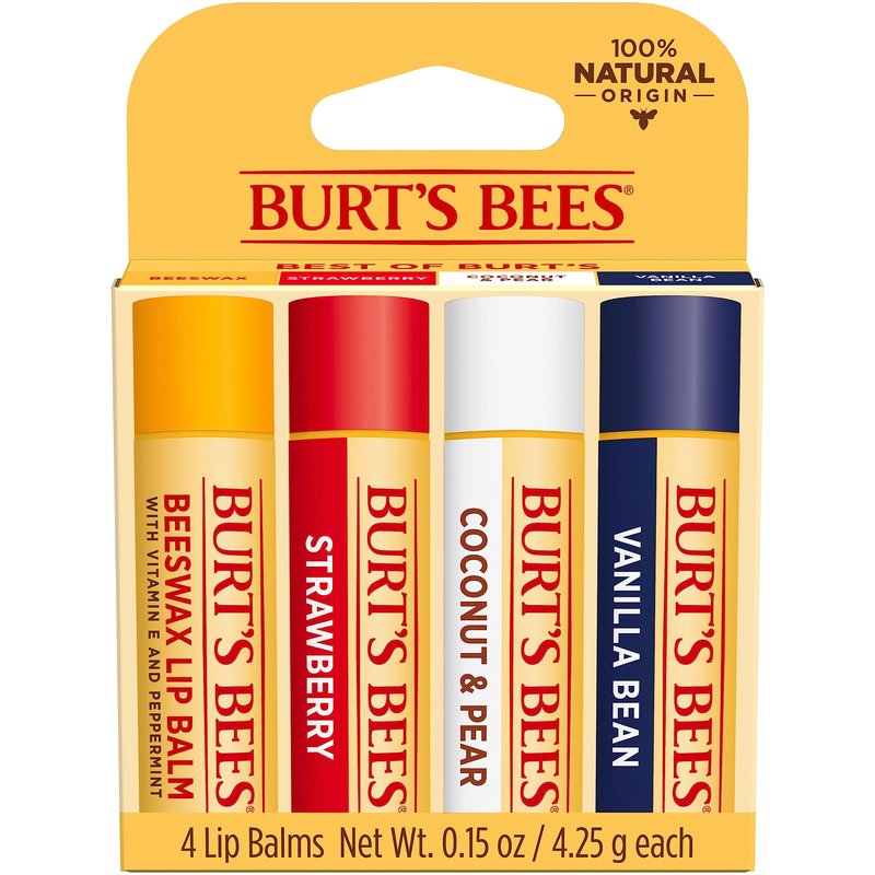 Burt's Bees Lip Balm, Beeswax, Strawberry, Coconut and Pear, and Vanilla Bean Pack, With Responsibly Sourced Beeswax, Tint-Free, Natural Lip Treatment, 0.15 oz., Four Tubes