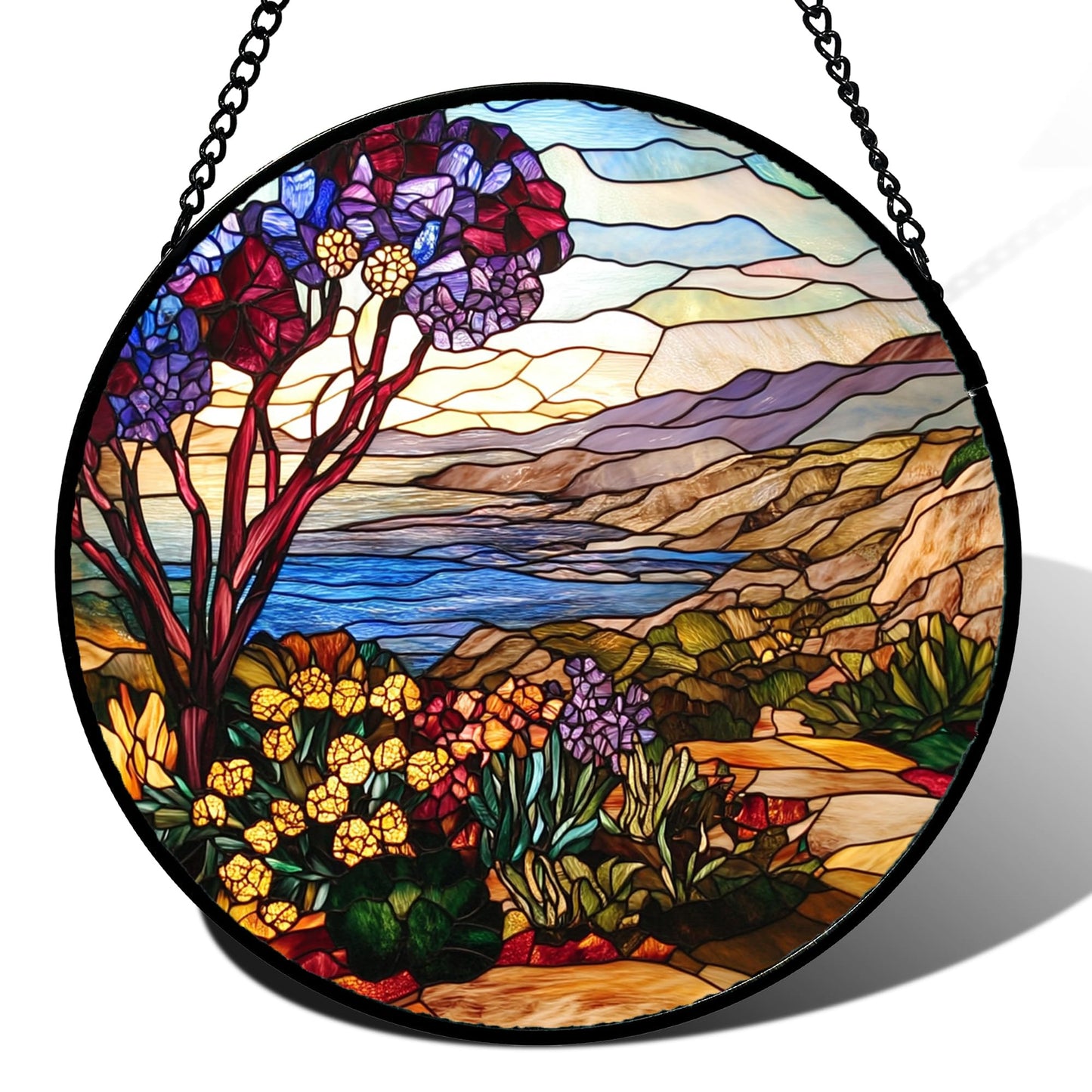 QZQCBLC Stained Glass Window Hanging Retro Wildflowers Lake Mountain Scenery 6.3" - Suncatcher Door Garden Sun Catcher Home Decor Birthday Christmas for Mom Men Woman Friend