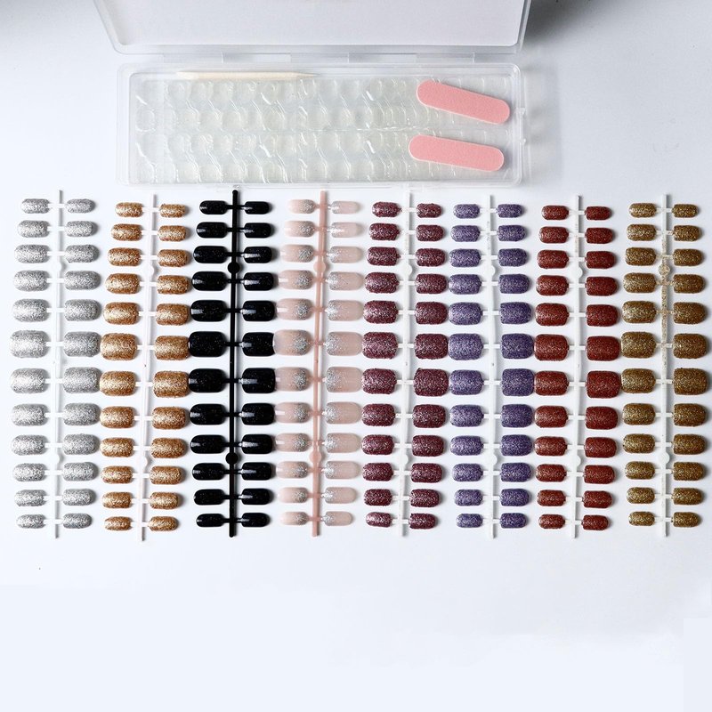 192 Pcs Short Square Press on Nails, Acrylic Full Cover Fake Nails with 8 Pink Glitter Designs, Sparkling Reusable Glossy Nail Tips